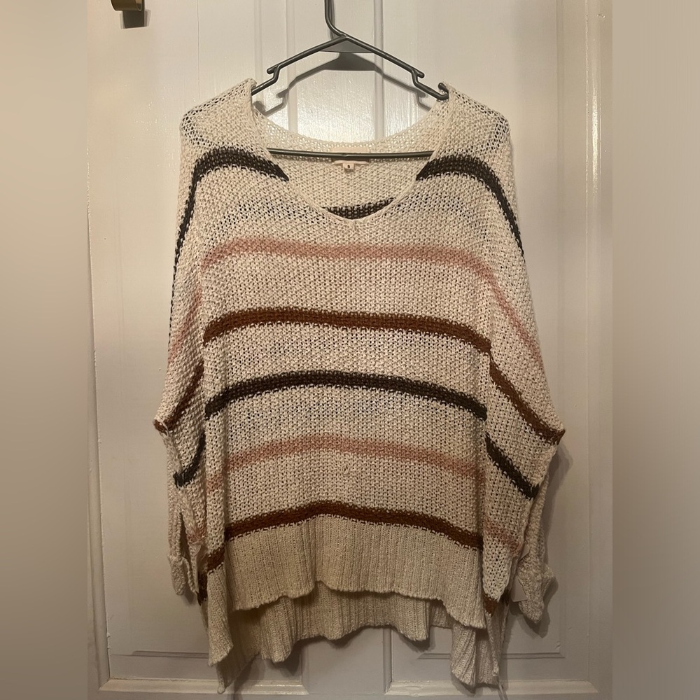 Adora Light Cream Striped Open-Knit Women's Sweater